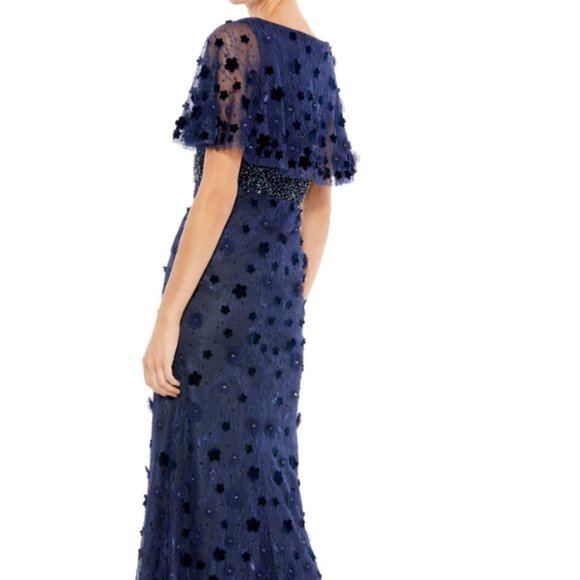 MAC DUGGAL FLORAL APPLIQUE FLUTTER SLEEVE MIDNIGHT ANVY GOWN sz 4 - Picture 3 of 5